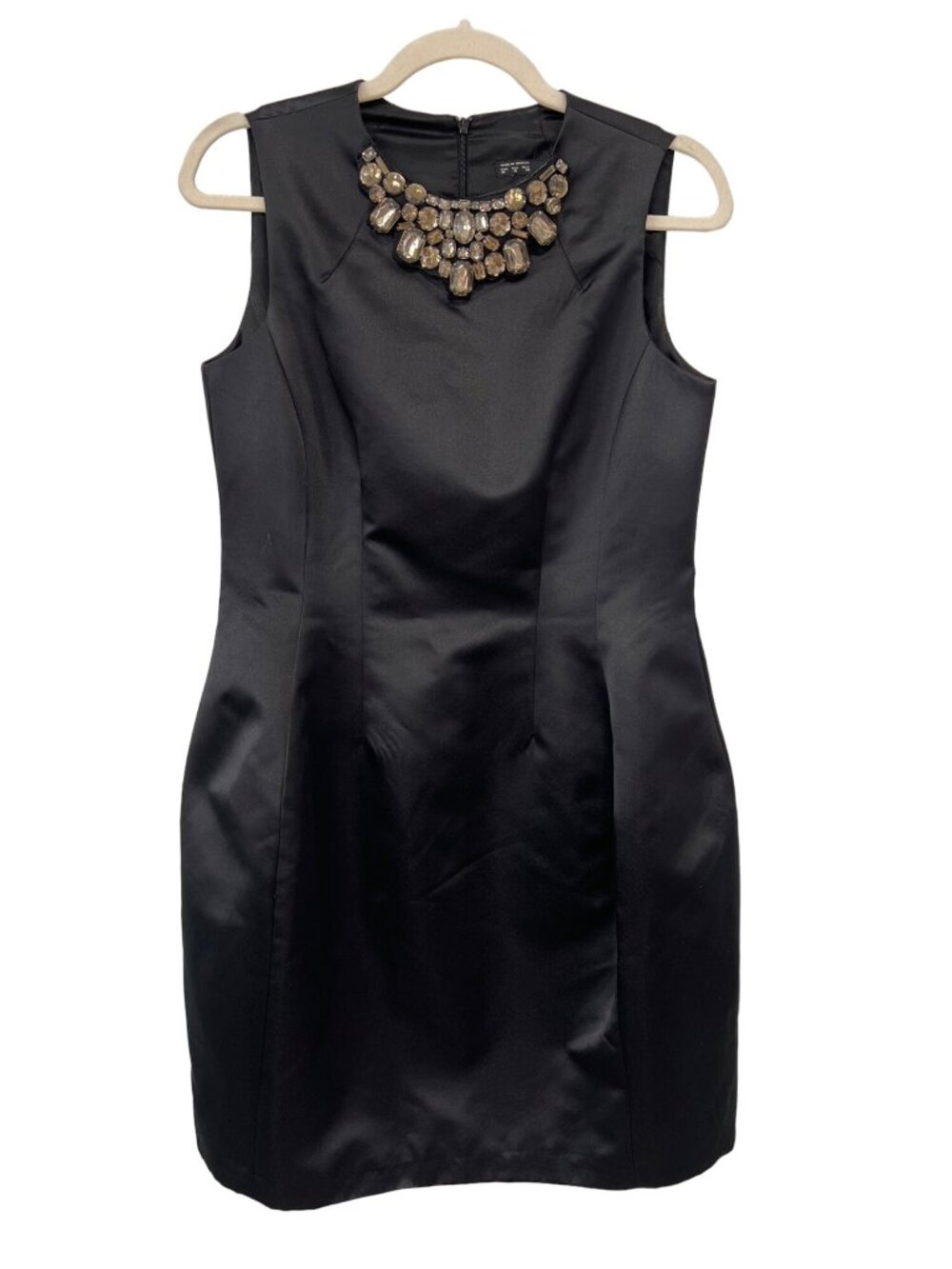 Zara Basic Dress Size Medium Jeweled Neck Sheath Black Satin Party Cocktail Glam